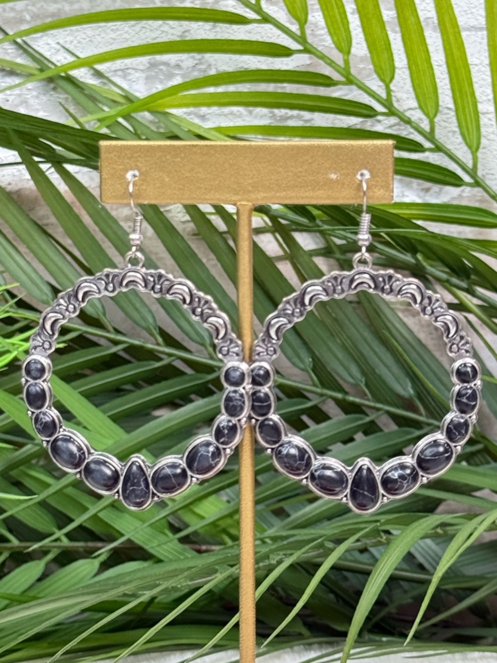 Antique Silver-Tone Black Stone Circle Drop Earrings - Women Jewelry